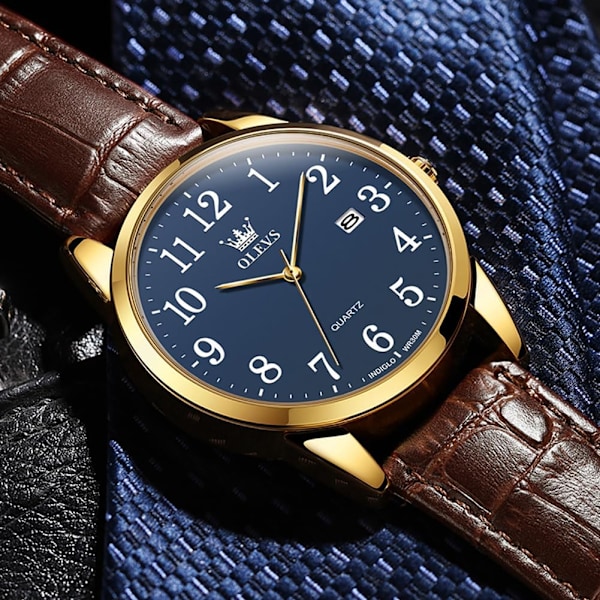 Herrklocka läder analog kvarts herrklocka klänning veckodatum business klassisk lysande läderrem 3ATM vattentät armbandsur älskare