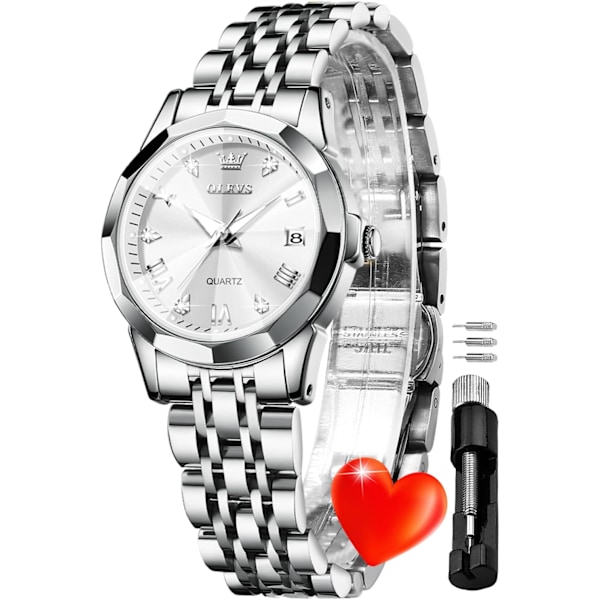 Damklockor silverfärg elegant diamant dam liten armbandsur rostfritt stål tvåfärgad dag analog kvarts damklocka, present