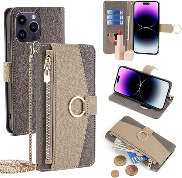 Wallet Case - iPhone 15 Pro Max - PU Læder - Skulderrem - Grå