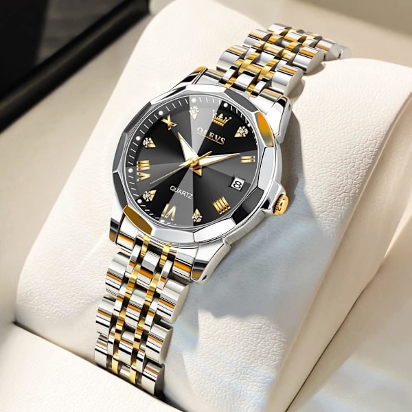 Damklockor silverfärg elegant diamant dam liten armbandsur rostfritt stål tvåfärgad dag analog kvarts damklocka, present
