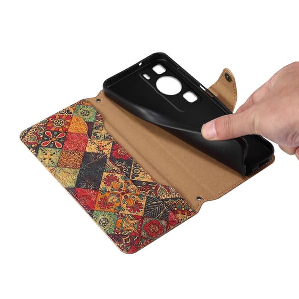 Blommönstrat läderfodral med plånboksstativ för Huawei P60/P60 Pro