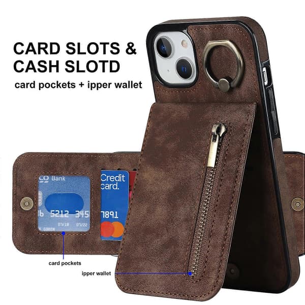 För iPhone 15 Plus Baksida RFID-blockerande Telefonfodral Plånbok Retro PU+TPU Ställfodral