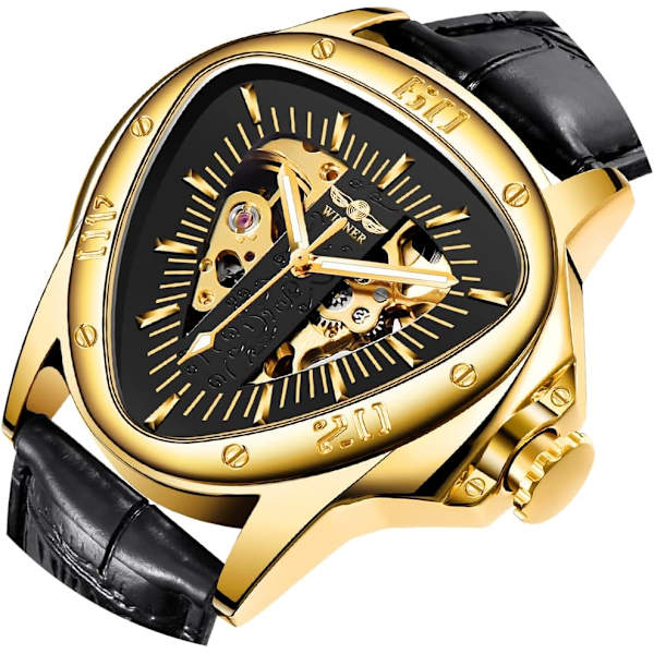 Triangel Gyllene Skelettklocka Mekanisk Automatisk Armbandsur Sport Silver Rostfritt Stål Herrklockor