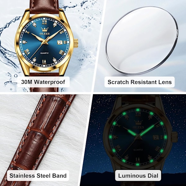 Damklocka för vardagsbruk, litet läderarmband, analog kvartsklocka för damer med kalenderdatum, klassiska presenter till henne
