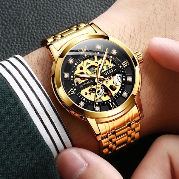 Automatisk herrklocka Skelett Diamant Lyx Mekanisk Självuppdragande Armbandsur Vattentät Luminous
