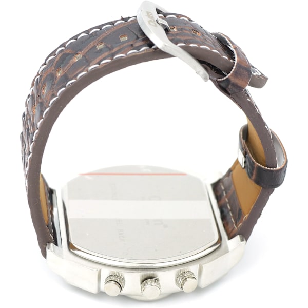 Stor herrklocka med dubbel tidsvisning, japanskt kvartsur, brunt läderarmband, brun urtavla