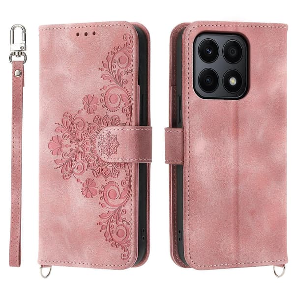 Honor X8b 4G Wallet Case med stropper og blomstermønstret læder