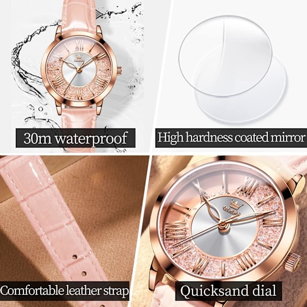 Elegant damklocka med diamanter för kvinnor, analog kvartsklocka i läder, vattentät, snabbsand, stor urtavla