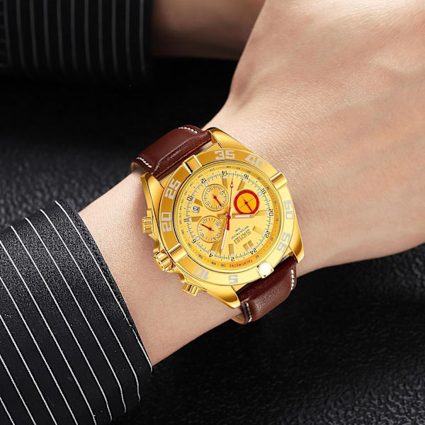 Retro Quartz Klockor för Män Kronograf Datum Herrarmbandsur Läderrem 30Vattentät Luminous Business Herrklocka