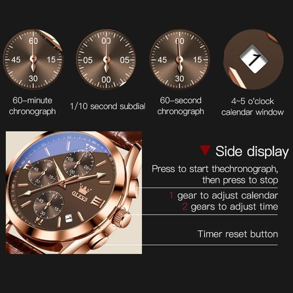 Herr Chronograph Lysande Visare Läderrem Kvarts Rostfritt Stål Vattentät Klocka (Blå)