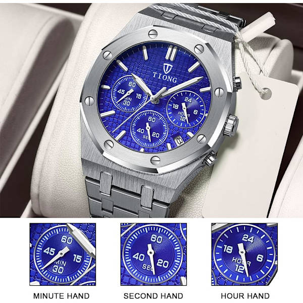 Tiong Herrklockor Kronograf Rostfritt Stål Vattentät Datum Analog Kvarts Klocka Business Casual Mode Armbandsur