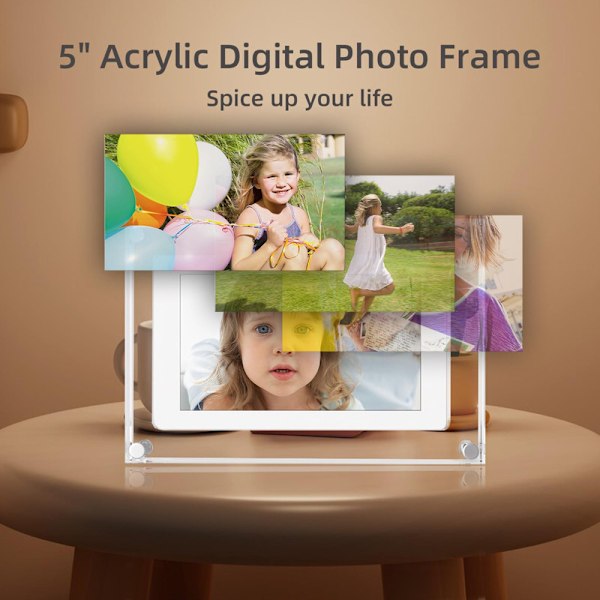 VEANXIN 5-tums Digital Fotoram i Akryl med Automatisk Rotation, Inbyggt 2GB 1000mAh Batteri