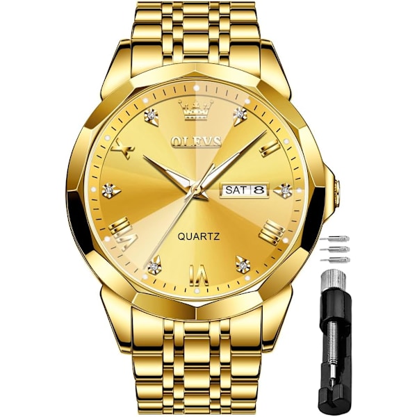 Herrklockor Business Dress Diamant Analog Quartz Datum Lyx Armbandsur Casual Rostfritt Stål Vattentät Självlysande Tvåfärgad Klocka för Män