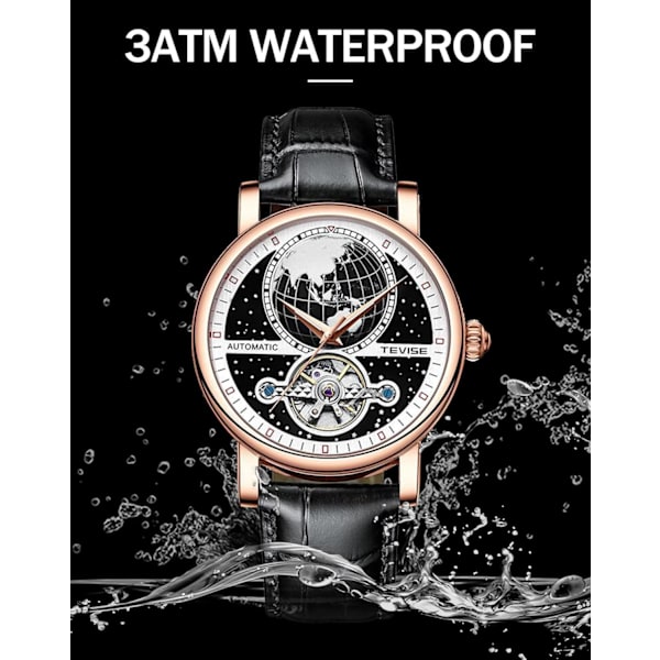 Herr Tourbillon Klocka Mekanisk Självuppdragande Klockor Lyxig Stjärnklar Jorddesign Läderarmband Blå Svart Självlysande Stor Urtavla Automatisk Armbandsur