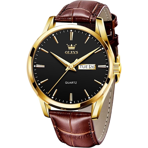 Herrklockor brunt läder guld boett Analog kvarts mode affärs dress klocka dag datum Luminous vattentät casual herrarmbandsur
