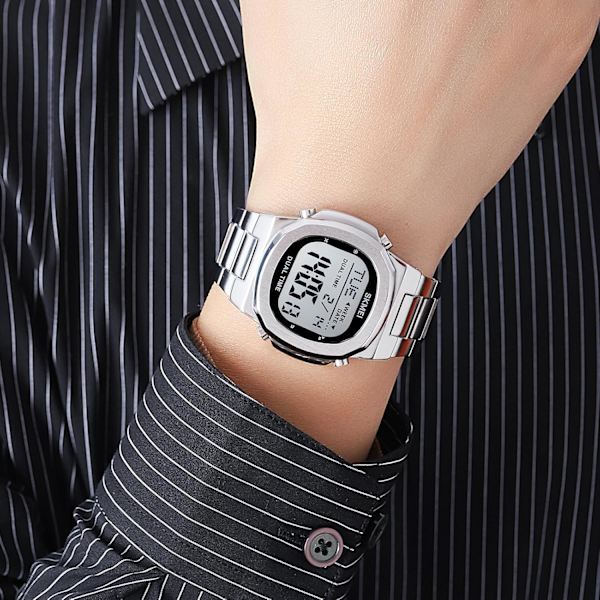 Dual Time LED Digital Klocka för Män Multifunktion Armbandsur Rostfritt Stål Business Vattentät Klocka Datum Alarm