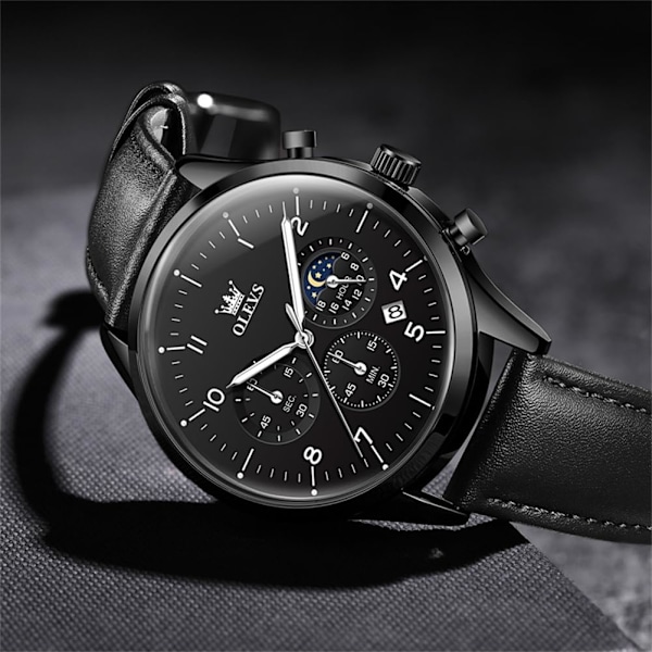 herrklockor svart läder analog kvarts kronograf lyx mode affärer lysande vattentät månfas datum armbandsur