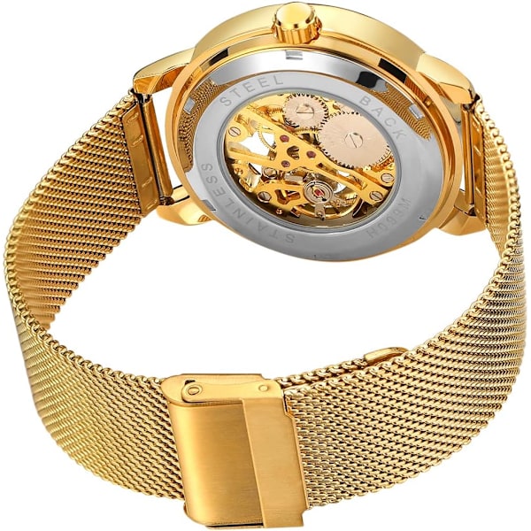 Herrklocka Vintage Mekanisk Magnetisk Band Kronograf Vattentät Skeletturtavla (2-Guld)