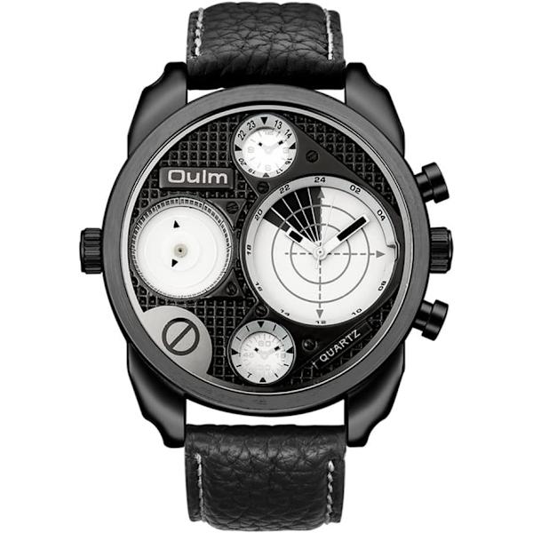 Svart Herr Stor Urtavla Klocka Unik Quartz Två Analoga Urtavlor Armbandsur Dubbel Tid för Män