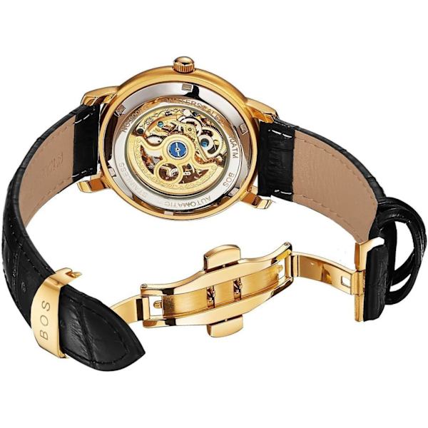 Lyxig Automatisk Mekanisk Herrklocka Guldurtavla Självlysande Vattentät Skelettläderarmbandsur