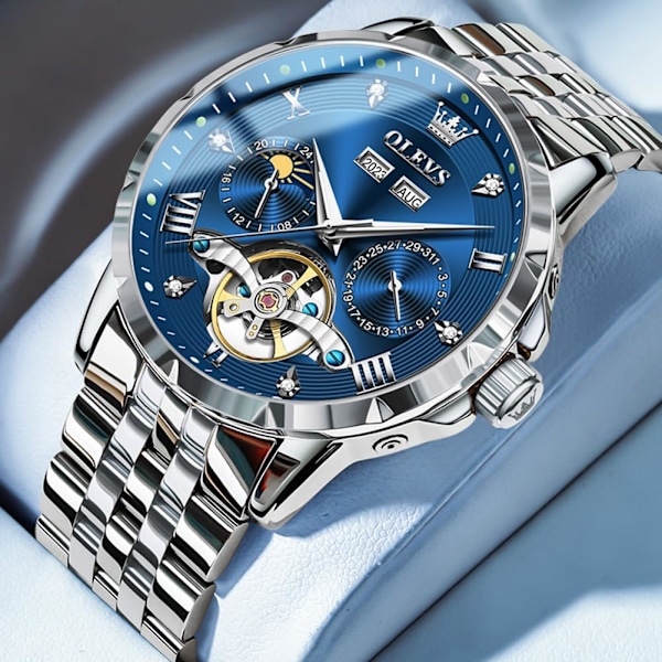 Automatisk herrklocka skelett mekanisk klassisk lyxig affärs diamant rostfritt stål vattentät lysande datum kalender armbandsur för män