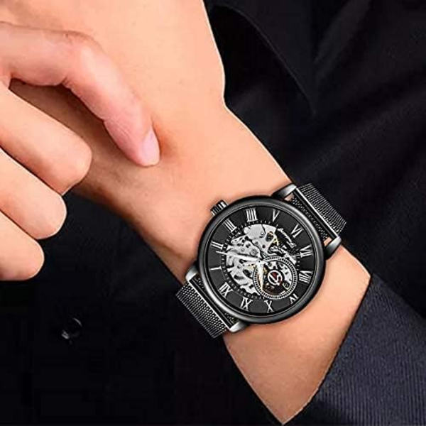 Skelettklocka för män Ihålig Mekanisk Klocka Handuppdrag Mesharmband Självlysande Klassisk Romersk Siffra Casual Armbandsur för Män