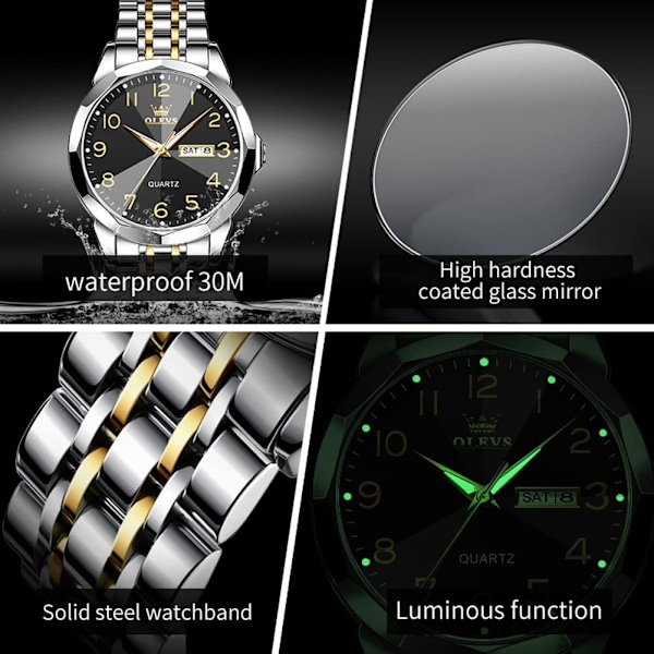 Klocka för män Lyxig Kostym Analog Kvarts Rostfritt Stål Vattentät Självlysande Datum Diamant Business Tvåfärgad Casual Armbandsur