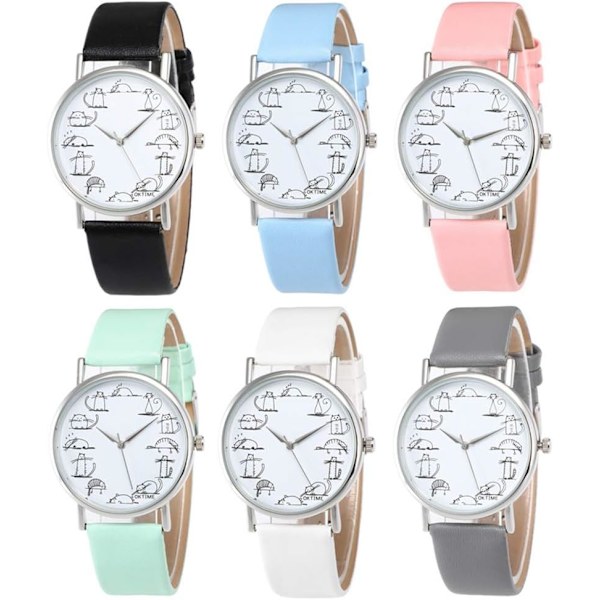 Ny Design Lat Katt Tecknad Tryckt Läderband Analog Legering Kvarts Armbandsur