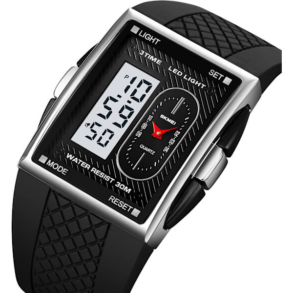 Digitala analoga herrklockor fyrkantig urtavla sportig avslappnad dubbel display multifunktionell armbandsur för män med alarm vattentät LED lysande