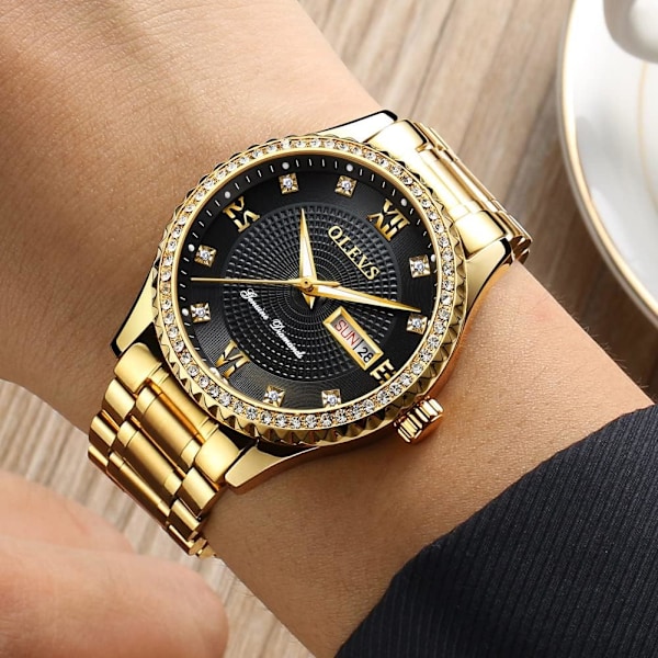 Herr Casual Quartz Klocka Självlysande Stor Urtavla Vattentät Diamant Rostfritt Stål Armbandsur (Guld)