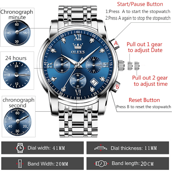 Multifunktionell Vattentät Luminous Chronograph Klocka för Män med Flera Urtavlor (Guld Silver)