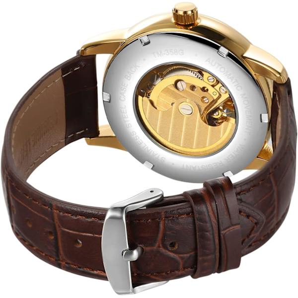 Automatisk herrklocka med månfas, skelettvisning, läderarmband och vattentät analog visning