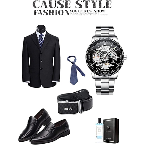 Skelettklocka Lyx Business Casual Herr Automatisk Mekanisk Självuppdragande Svart Stål Gyllene Ram
