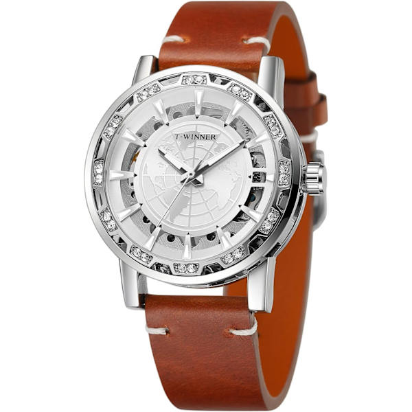 Manuell Mekanisk Skelettklocka för Män med Världskarta, Utskuren Analog Klocka med Äkta Läderarmband WRG8278M3S5