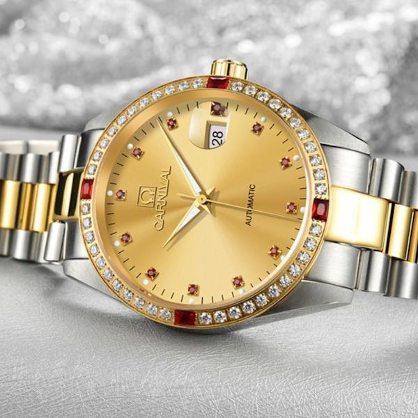 Herr Analog Automatisk Mekanisk Klocka Lysande Kalender Rostfritt Stål Armband Diamant 18K Guld Klocka