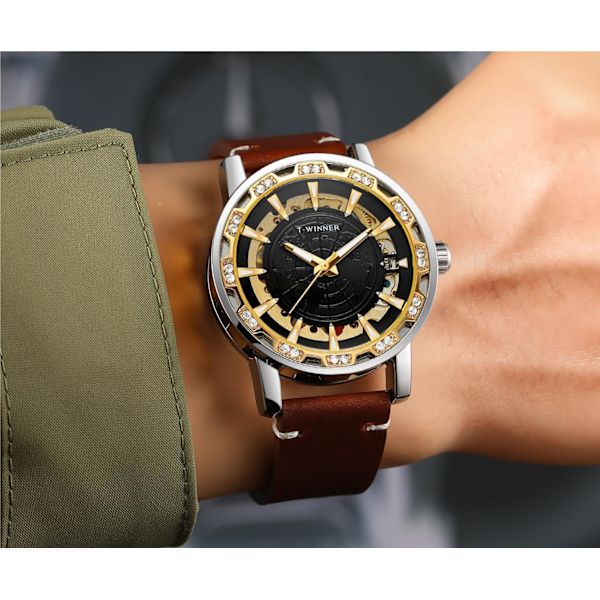 Manuell mekanisk skelettklocka för män med världskarta, analog visning och äkta läderarmband