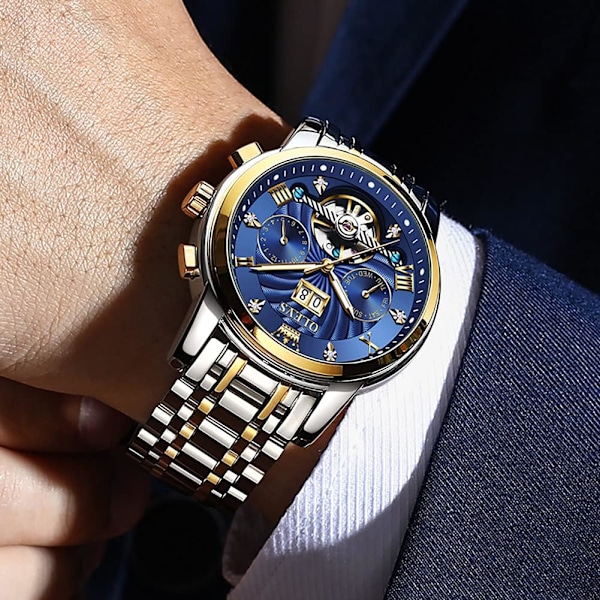 Automatisk herrklocka Skelett 5 visare mekanisk klassisk lyx multi-kalender rostfritt stål vattentät armbandsur herrklocka