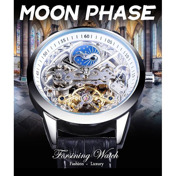 Herrklocka Skelett Månfas Mekanisk Självuppdragande Tourbillon Dubbla Tidszoner Klockor Automatisk Lyxigt Läderarmband Stor Urtavla Armbandsur