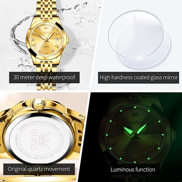 Damklocka, modeklänning, diamant damklockor för kvinnor Analog Quartz Rostfritt Stål Vattentät Luminous Dag Datum Tvåfärgad Armbandsur