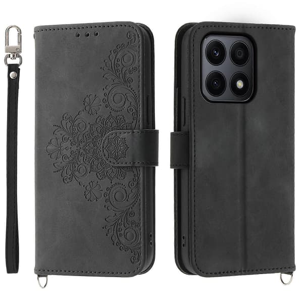 Honor X8b 4G Wallet Case med stropper og blomstermønstret læder