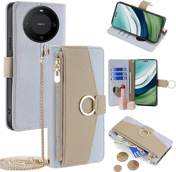 Plånboksfodral - Huawei Mate 60 Pro+ - PU-läder - Stötsäkert - Axelrem Blue