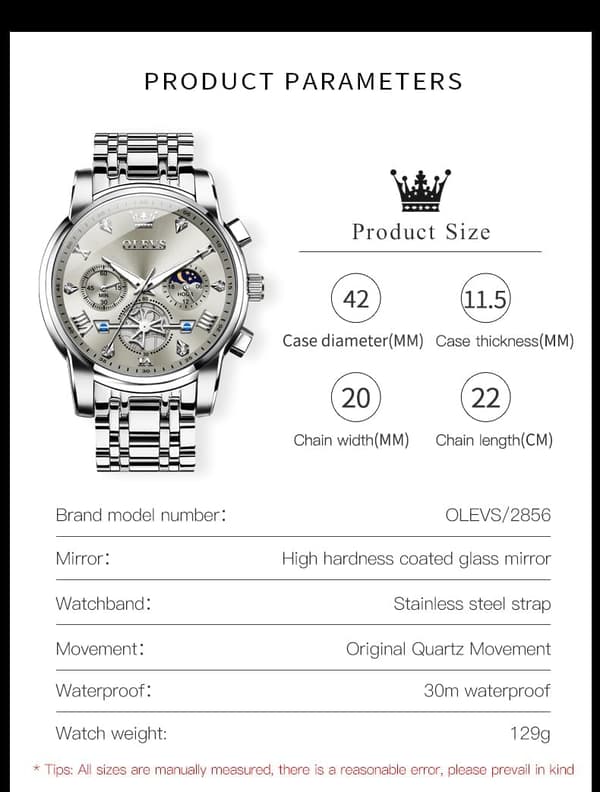 Herre Chronograph Rustfritt Stål Stor Skive Vanntett Klokke (Sølvgrå)