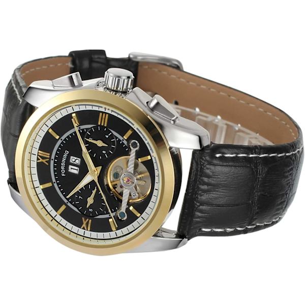 Herr Tourbillon Stil Svart Läderrem Datum Automatisk Mekanisk Kalenderklocka FSG625M3T4