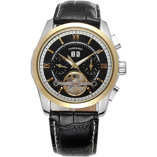Herr Tourbillon Stil Svart Läderrem Datum Automatisk Mekanisk Kalenderklocka FSG625M3T4