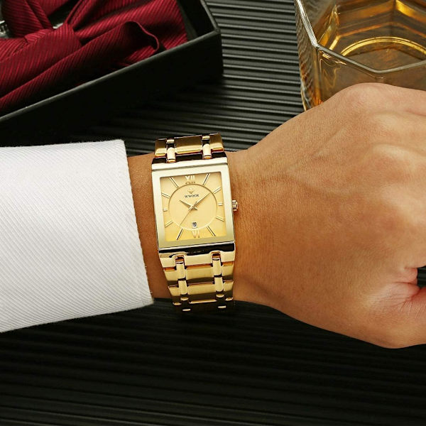 Fyrkantiga Herrklockor Rostfritt Stål Armband Affärsklocka Kalender Analog Display Kvarts Vattentät Trendig Herrarmbandsur