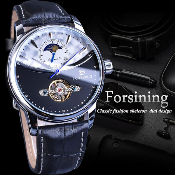 Herrklocka Mekanisk Månfas Tourbillon Rostfritt Stål Vattentät Självuppdragande Retro Klockor, Automatisk Armbandsur med Läderrem