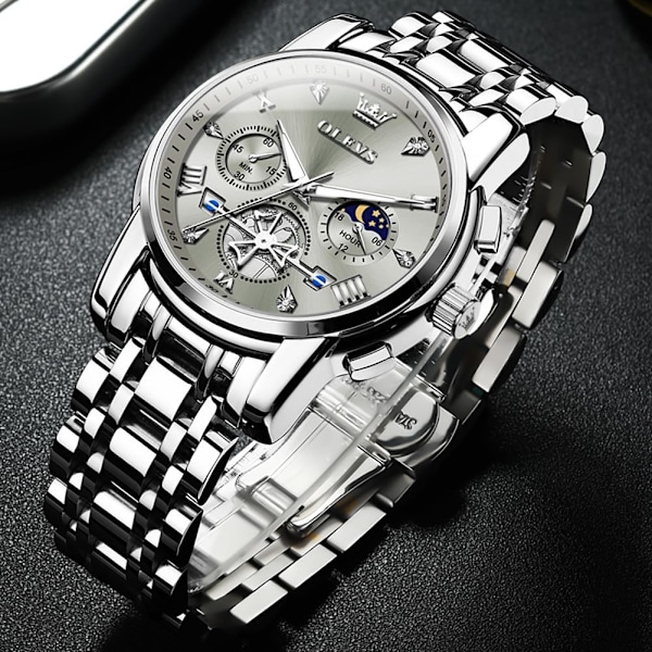 Herr Chronograph Rostfritt Stål Stor Urtavla Vattentät Klocka (Silver)