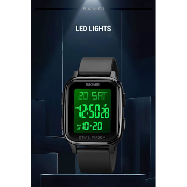 Klassisk Fyrkantig Urtavla Unisex Dam Herr Digital Multifunktionell Utomhus Casual Klocka Nedräkning 50M Vattentät LED-ljus Armbandsur
