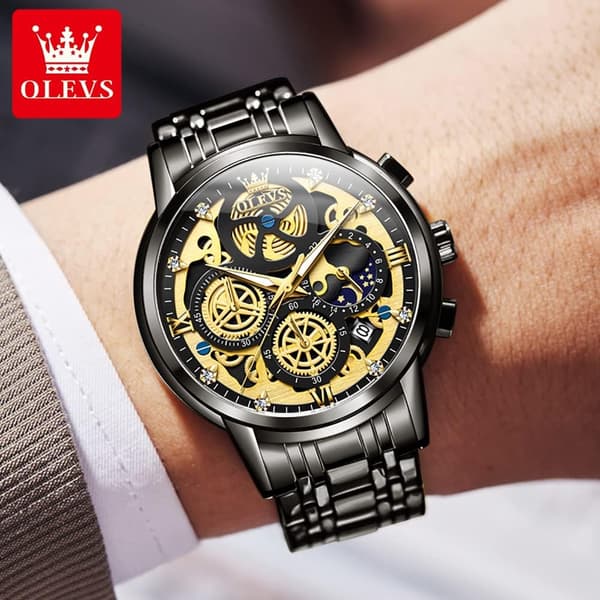 Herr Diamant Chronograf Klocka Multifunktion Datum Vattentät Rostfritt Stål Klocka (Guld)
