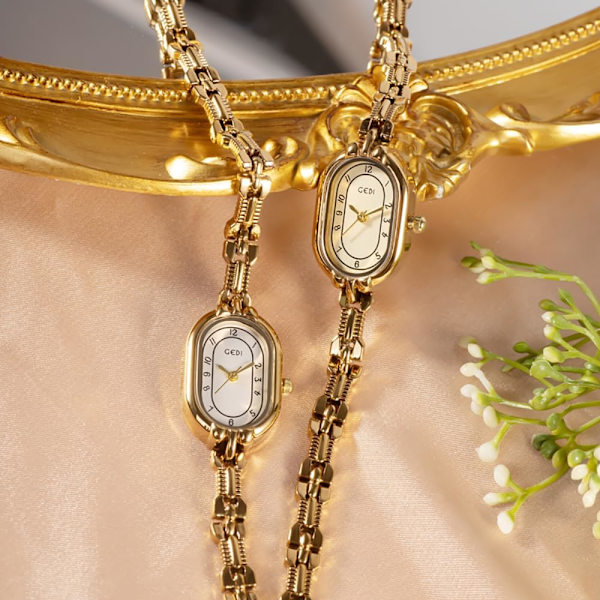 Lyxig ovalformad damklocka, smalt armband, kvartsklocka för kvinnor, elegant klänningsklocka, guldarmbandsur, kreativ vattentät damklocka, damgåva